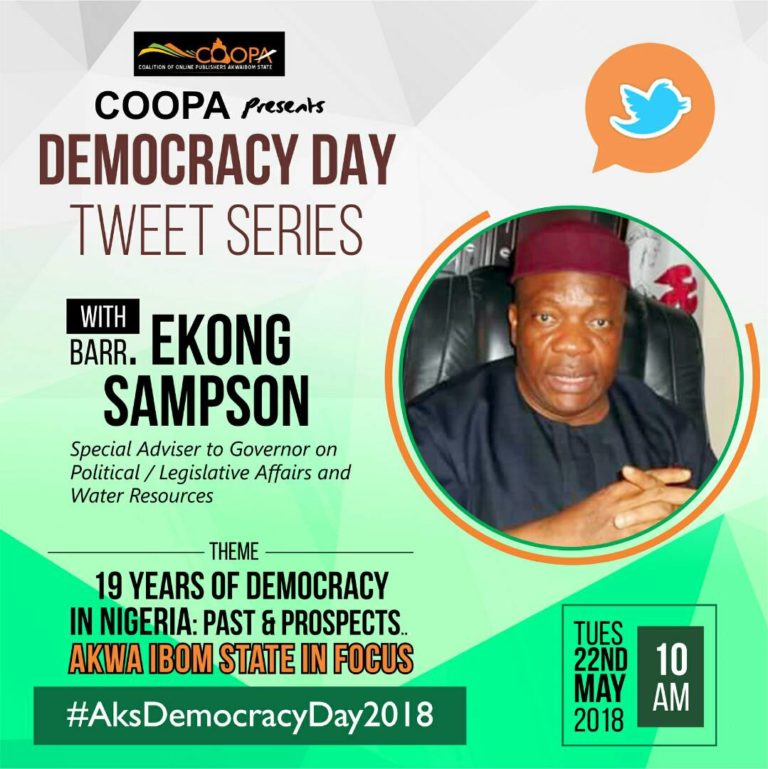 Former lawmaker and Gov Emmanuel’s adviser on Legislative/Political Affairs to open discourse on 19 years of Nigeria’s Democracy
